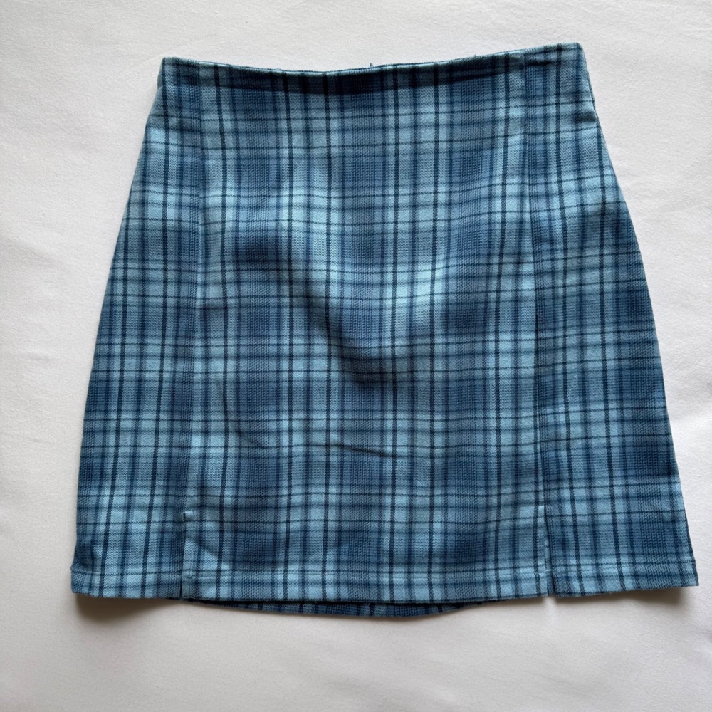 Brandy Melville Blue Plaid‎ Cara Mini Skirt High Waisted Slit Front Womens